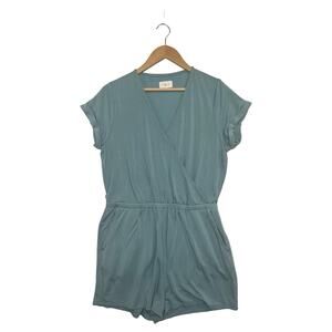 Lou Grey Romper Womens Large Green Faux Wrap Front Pockets Short Sleeve Beach
